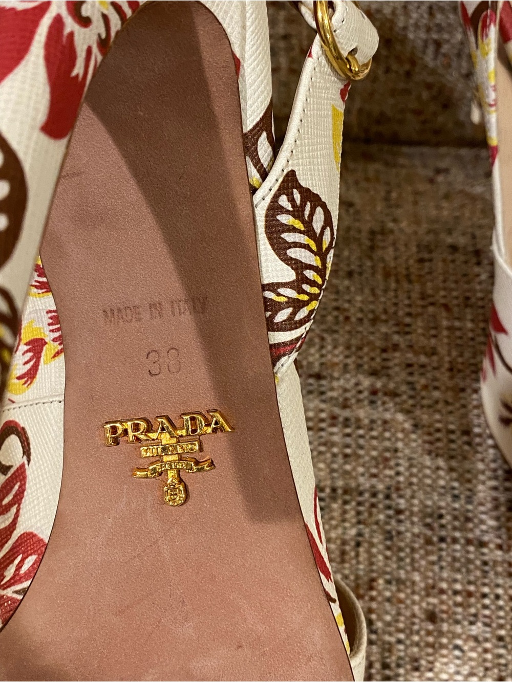 Prada Cream Floral Slingback Heels with Red & Yellow Accents - Picture 7 of 14